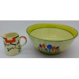 A Clarice Cliff Bizarre Crocus pattern bowl and a Clarice Cliff Bizarre jug