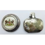 A silver flask and a silver mounted City of London paperweight,