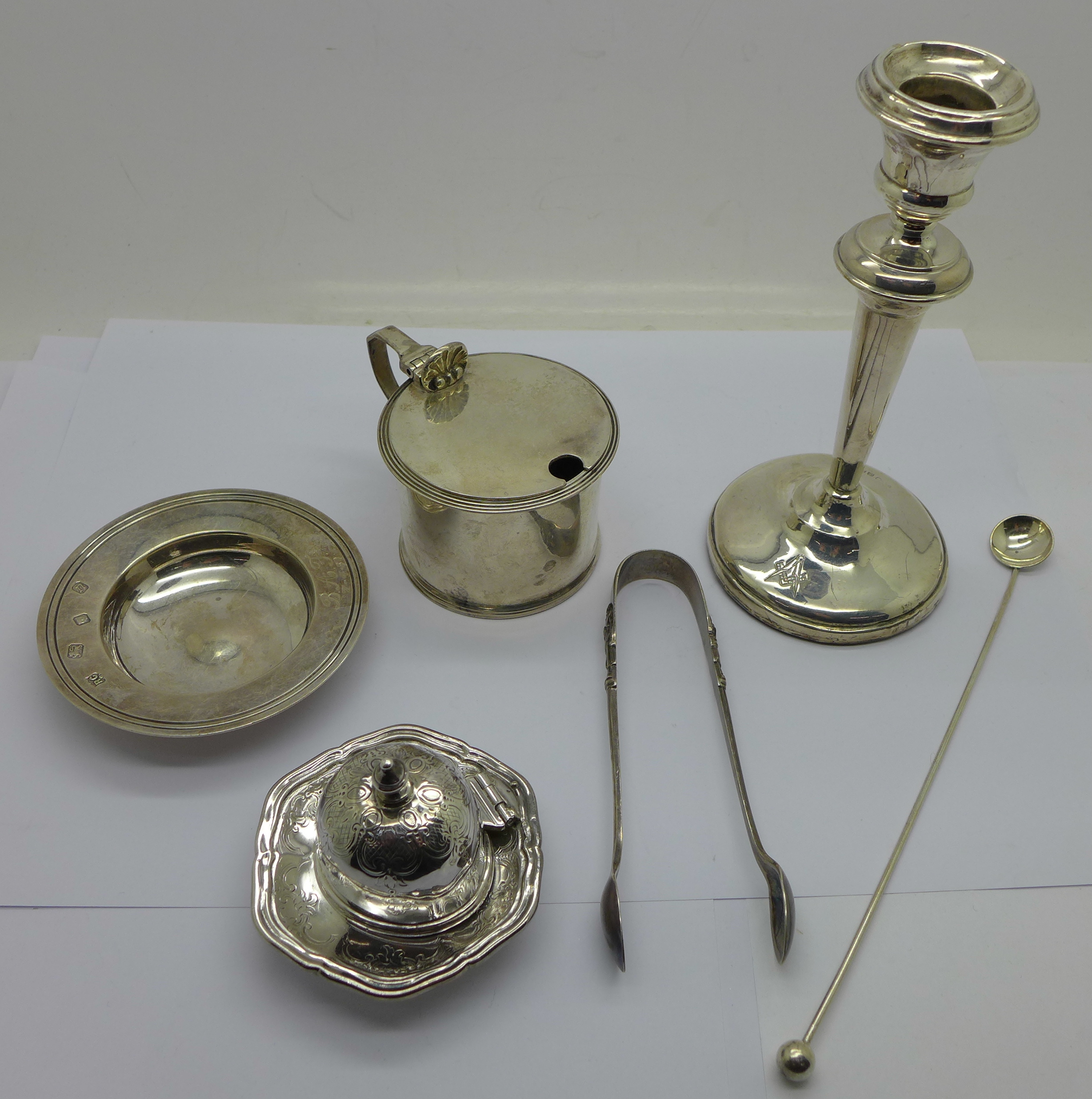 A silver candlestick, silver dish, silver inkwell top, lacking glass, - Image 2 of 2