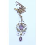 A 9ct gold, amethyst and seed pearl pendant and chain,