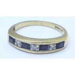 A 9ct gold, sapphire and diamond seven stone ring, 2g,