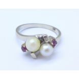 A 14ct gold, pearl and red stone ring, 4.