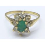 A 9ct gold, green stone and cubic zirconia cluster ring, 1.