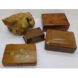 Four boxes including a leather card box and a rootwood carved wooden frog