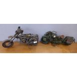 A despatch rider's model motorbike and one other hand made motorbike