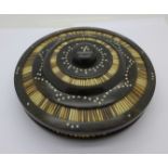 A circular Anglo-Indian porcupine quill and hardwood bowl with lid, inlaid with bone decoration,