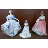 Two Royal Doulton figures, Fair Lady and Beatrice, and a Coalport figure,