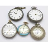 Four silver fob watches and one enamel fob watch,