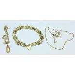 Two 9ct gold chains, a 9ct gold gate bracelet and a 9ct gold charm, 11.