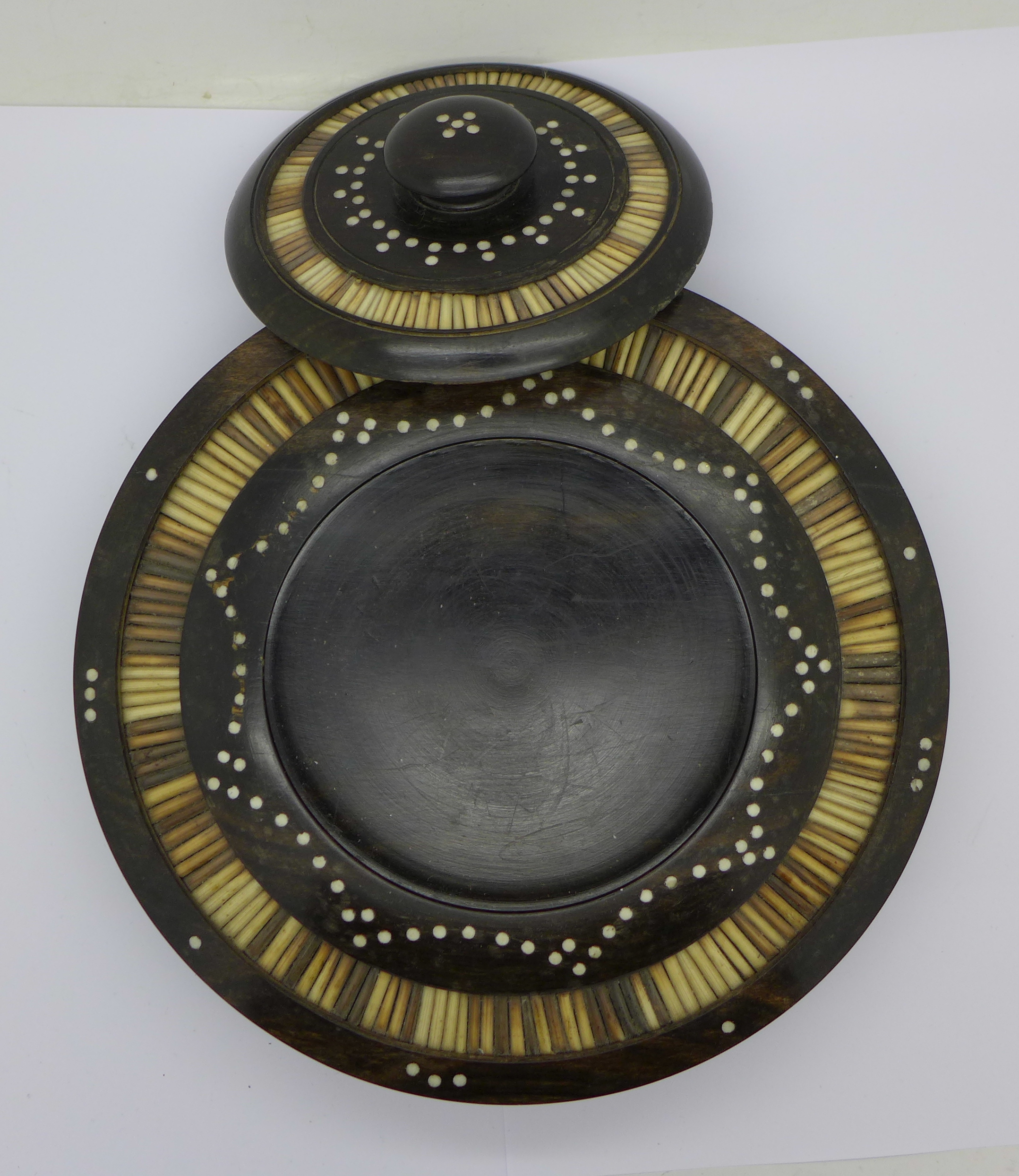 A circular Anglo-Indian porcupine quill and hardwood bowl with lid, inlaid with bone decoration, - Image 2 of 2