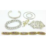 Assorted jewellery including a micro mosaic bracelet and a buckle