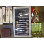 An Oneida canteen of cutlery, three Tutbury crystal handle salad servers, other cased cutlery, etc.