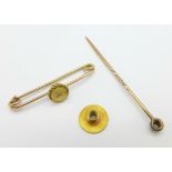 A yellow metal, diamond set brooch with stick pin conversion, in fitted case,