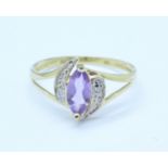 A 9ct gold, amethyst and diamond ring, 1g,