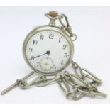 A silver pocket watch with Albert chain,