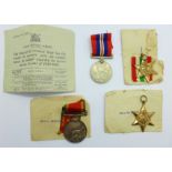 A set of four WWII medals with original Union Defence Forces paper and envelopes to 111637 G.J.