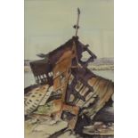 Sylvia Preston, shipwreck landscape, watercolour, 54 x 34cms,