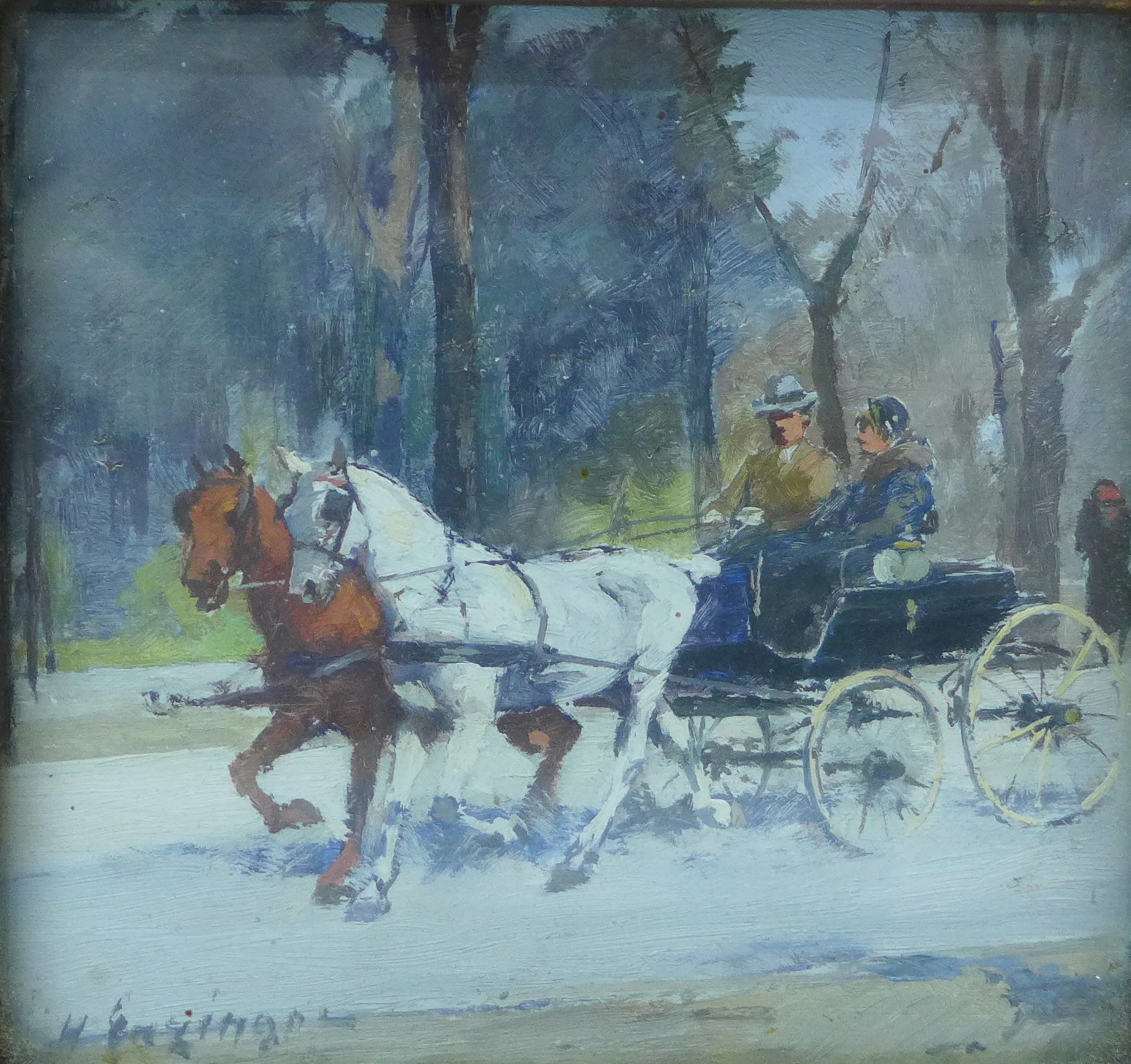 Hans Enzinger (Austrian 1889 - 1972), horses pulling figures in a cart, oil on panel, 7 x 8cms,