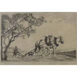 A signed Alice Baumwell etching, Ploughing, 18 x 26cms,