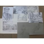 Folios of drawings and prints, including life drawings and studies for locomotives, etc.