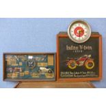 A History of Racing Car diorama and an Indian V-Twin Motorcycle advertising board,