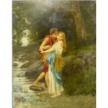 English School, romantic scene of lovers, mixed media on panel, 35 x 27cms,