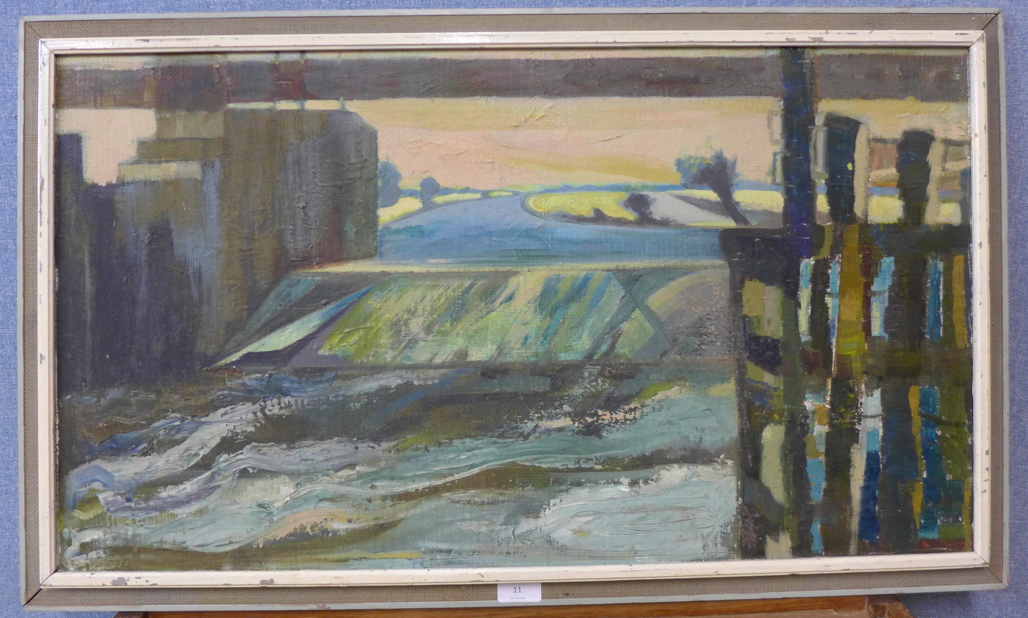 Marian Lewin, Fen Lock, East Anglia, oil on canvas, 45 x 80cms, - Image 2 of 3