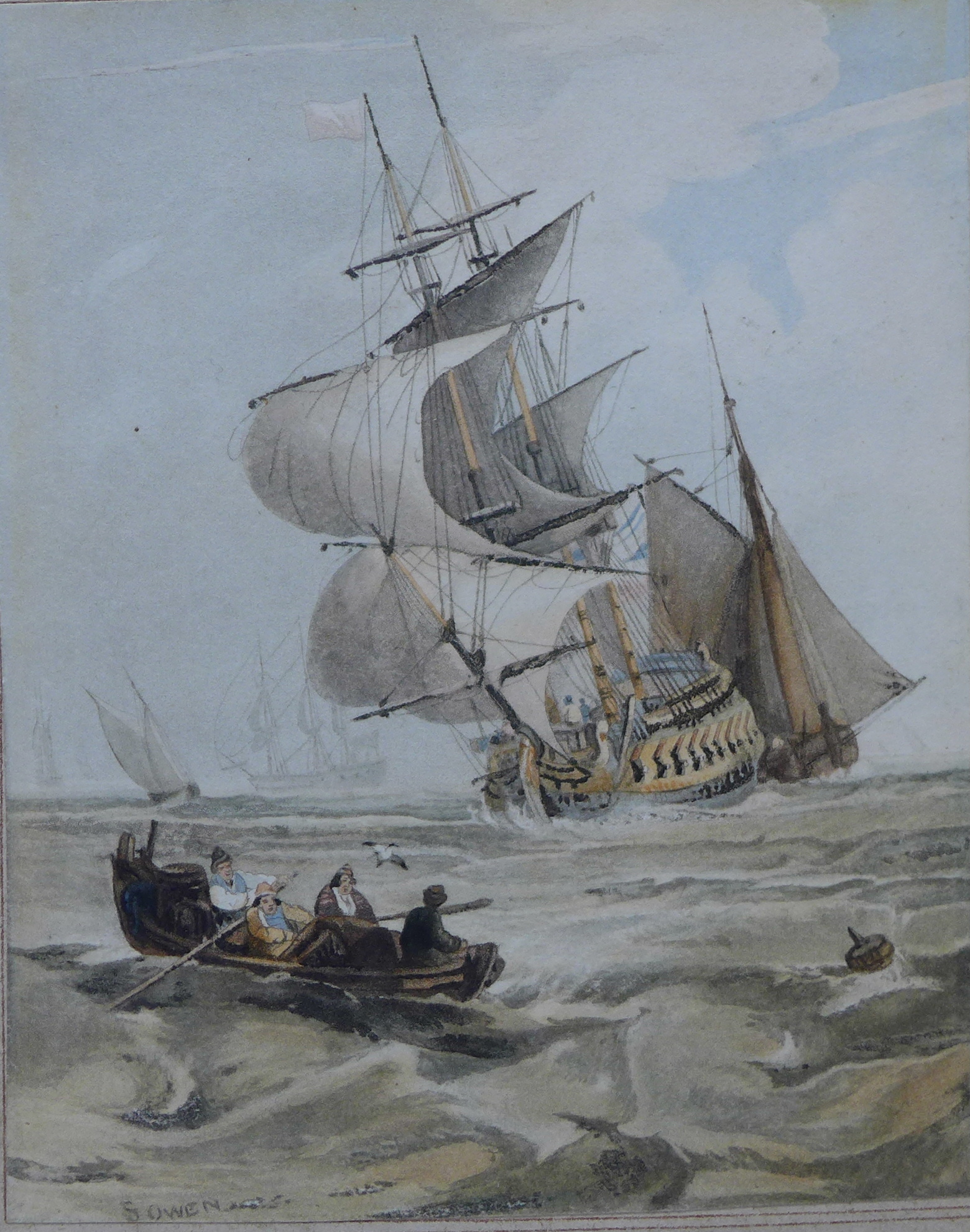 Samuel Owen (1769 - 1857), shipping off the coast, watercolour, 12 x 9cms,