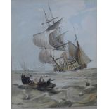 Samuel Owen (1769 - 1857), shipping off the coast, watercolour, 12 x 9cms,