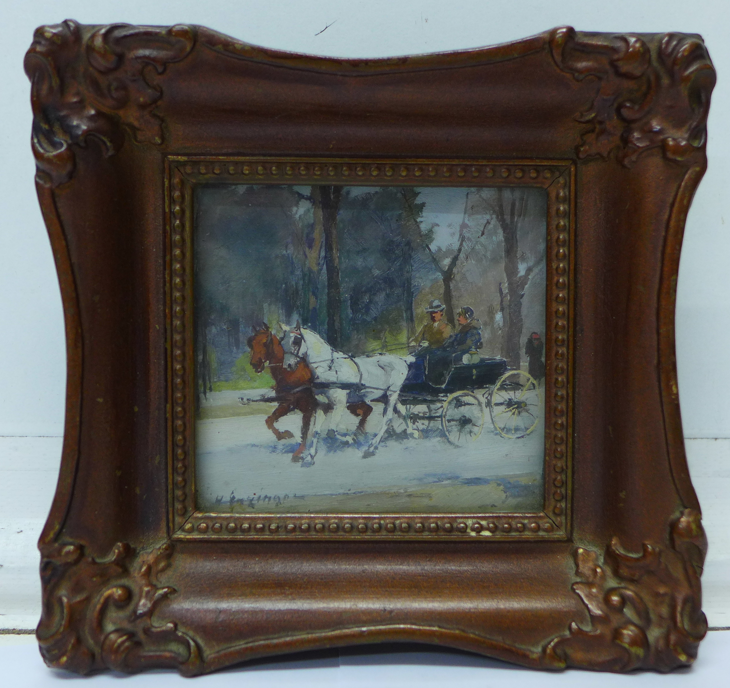 Hans Enzinger (Austrian 1889 - 1972), horses pulling figures in a cart, oil on panel, 7 x 8cms, - Image 2 of 3