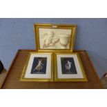 A cherub framed plaque and two prints