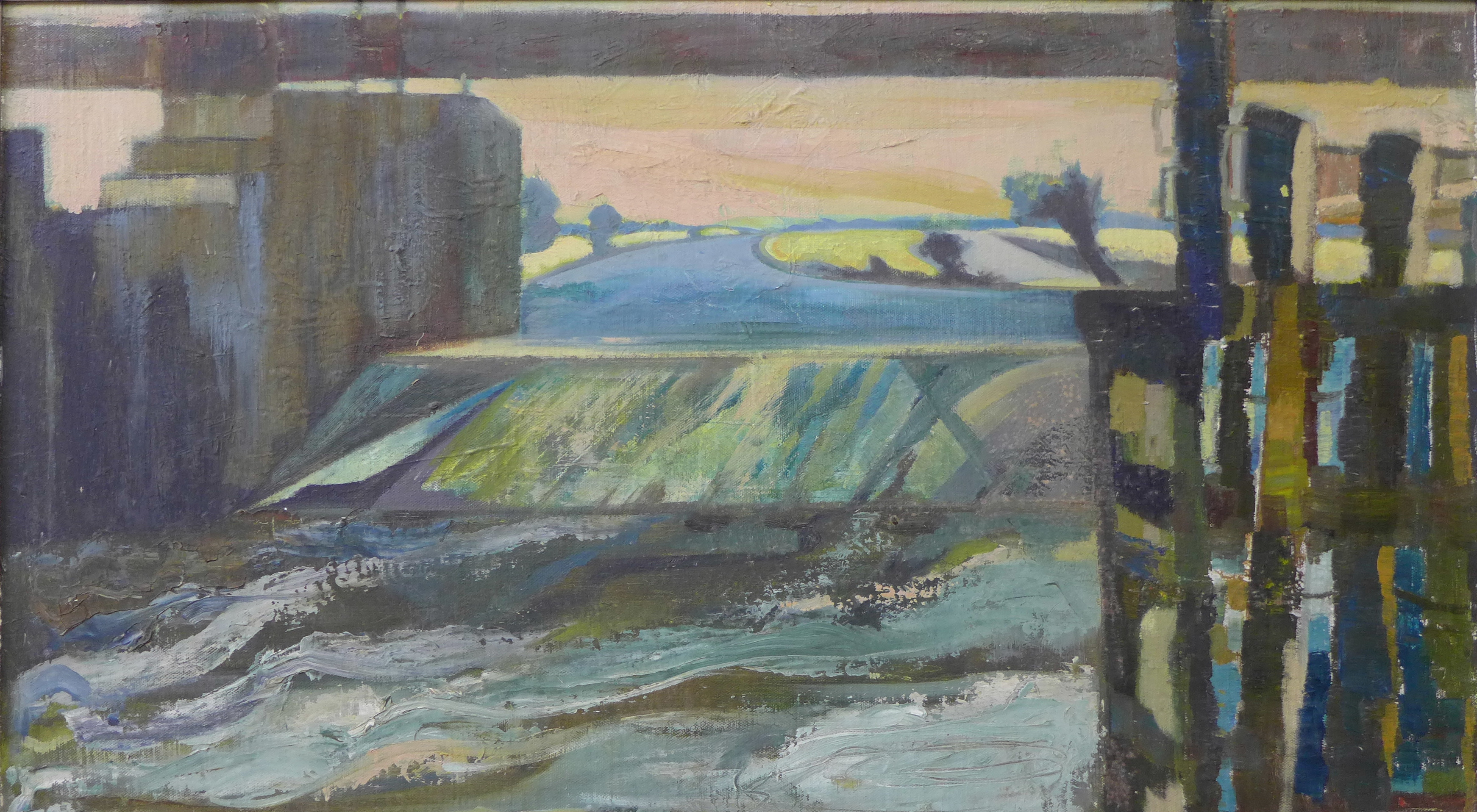 Marian Lewin, Fen Lock, East Anglia, oil on canvas, 45 x 80cms,