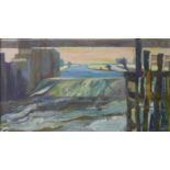 Marian Lewin, Fen Lock, East Anglia, oil on canvas, 45 x 80cms,