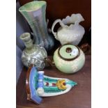 A Denby Glynn Colledge vase, a Sylvac vase, majolica wall bracket, etc.