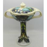 A Moorcroft two handled pedestal lidded vase, mushroom pattern, a/f, crack on the rim,