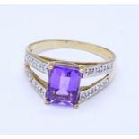 A 9ct gold, amethyst and diamond ring, 2.