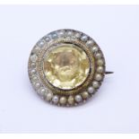 A yellow metal, citrine and seed pearl brooch, tests as gold, 4.