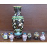 A cloisonne vase and stand and six other items of cloisonne