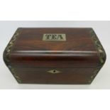 A rosewood and mother of pearl inlaid tea caddy, lacking some inlay, width 16.
