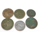 Four copper pennies, 1854, 1859, and two 1858 and two copper half pennies,