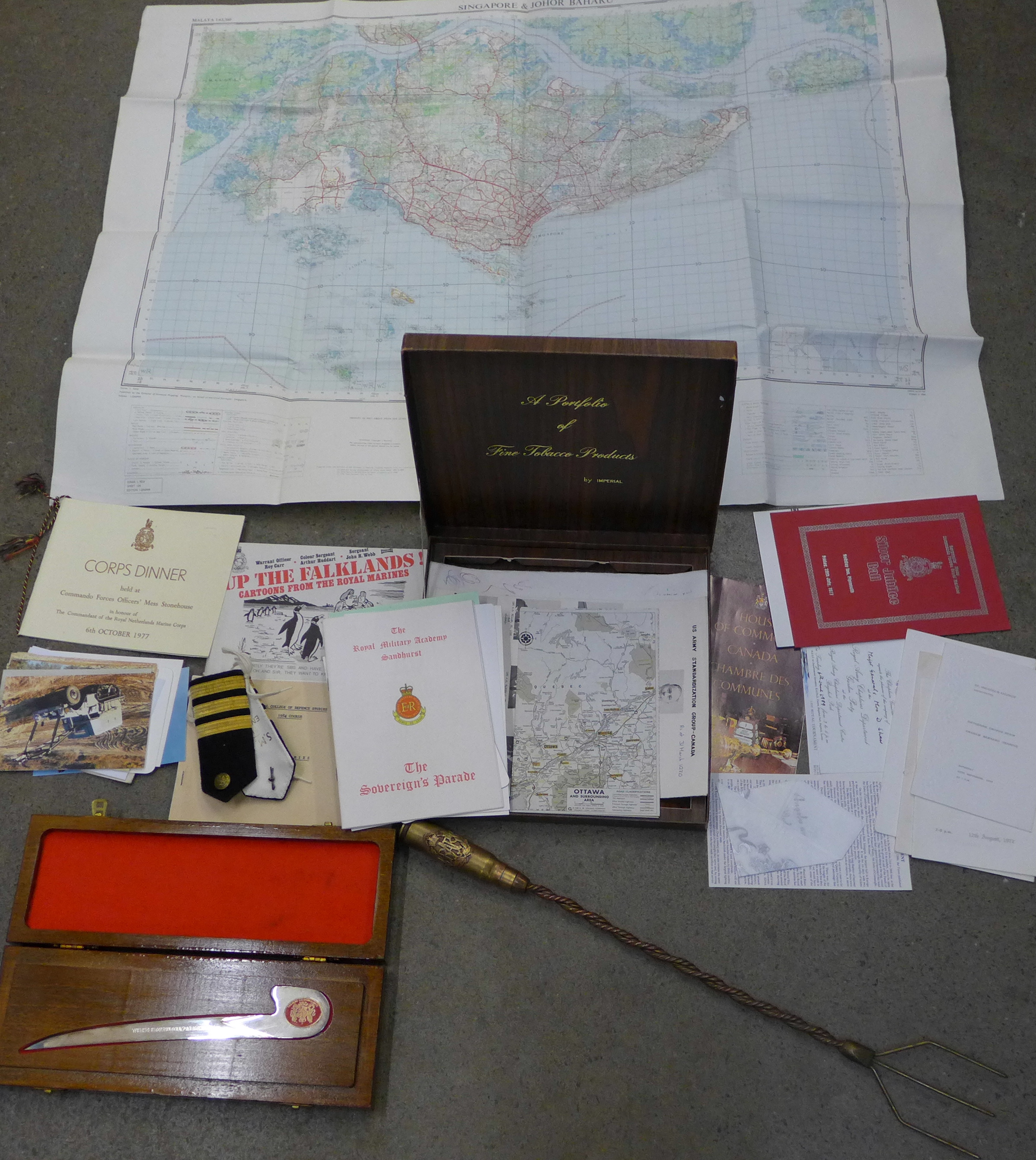 Military ephemera, postcards, silver plated letter opener presented by the Quartermaster General,