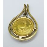 A 1989 1/10oz fine gold Krugerrand in a diamond and yellow gold pendant, one claw missing, 7.