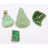 Two yellow metal mounted jade pendants, etc.