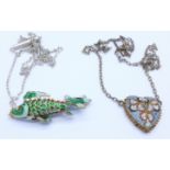 A micro mosaic heart necklet and an enamel fish pendant