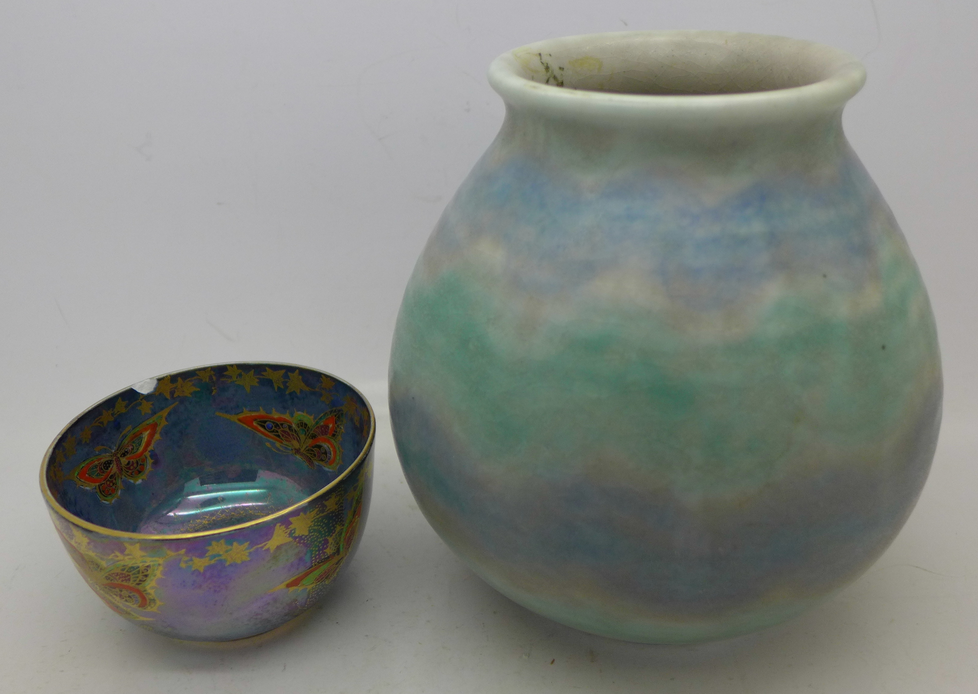 A Royal Lancastrian vase and a Fieldings lustre bowl decorated with butterflies,