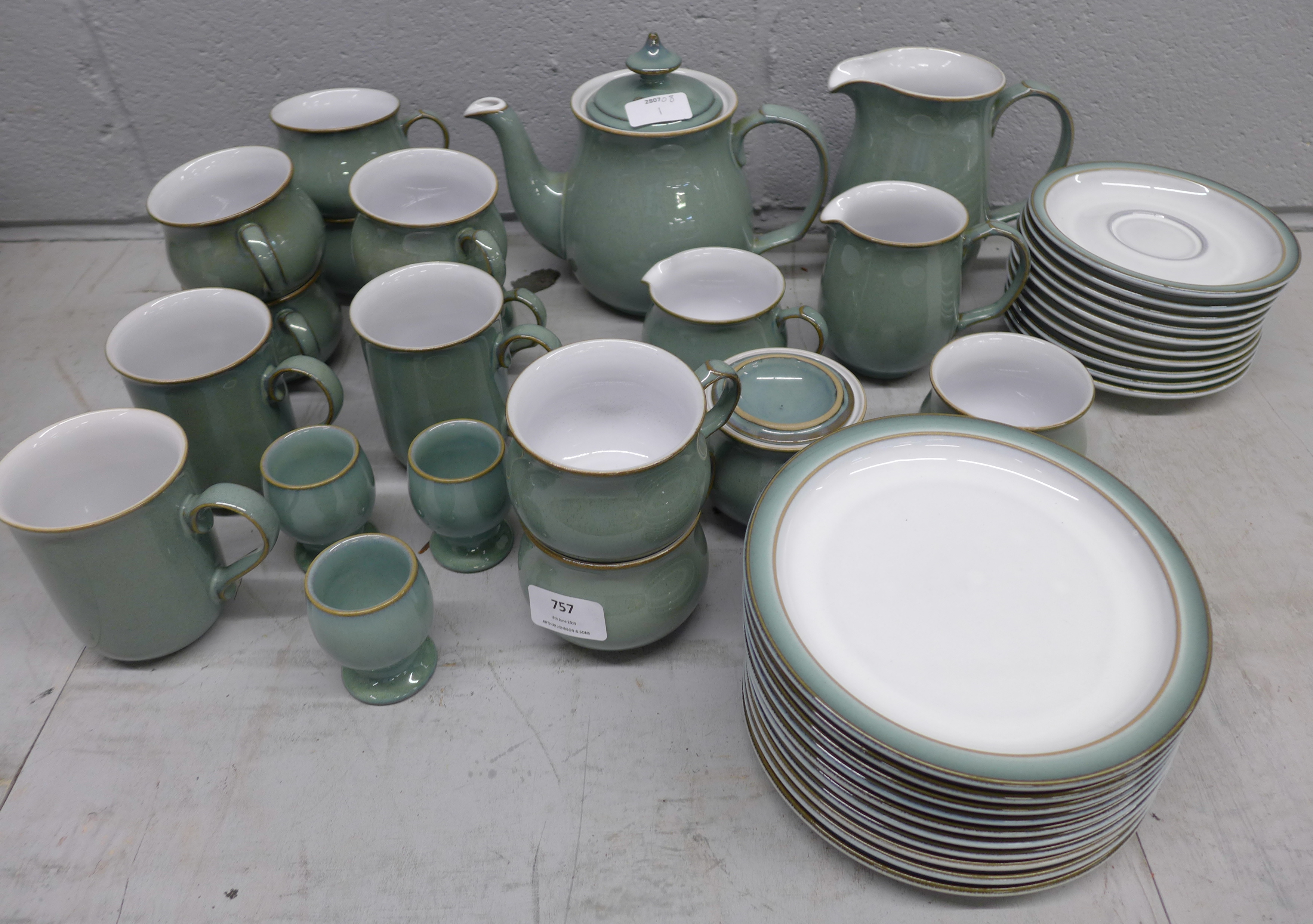 Denby Regency Green tea and coffee services, eight tea cups, three coffee cups, teapot, three jugs,