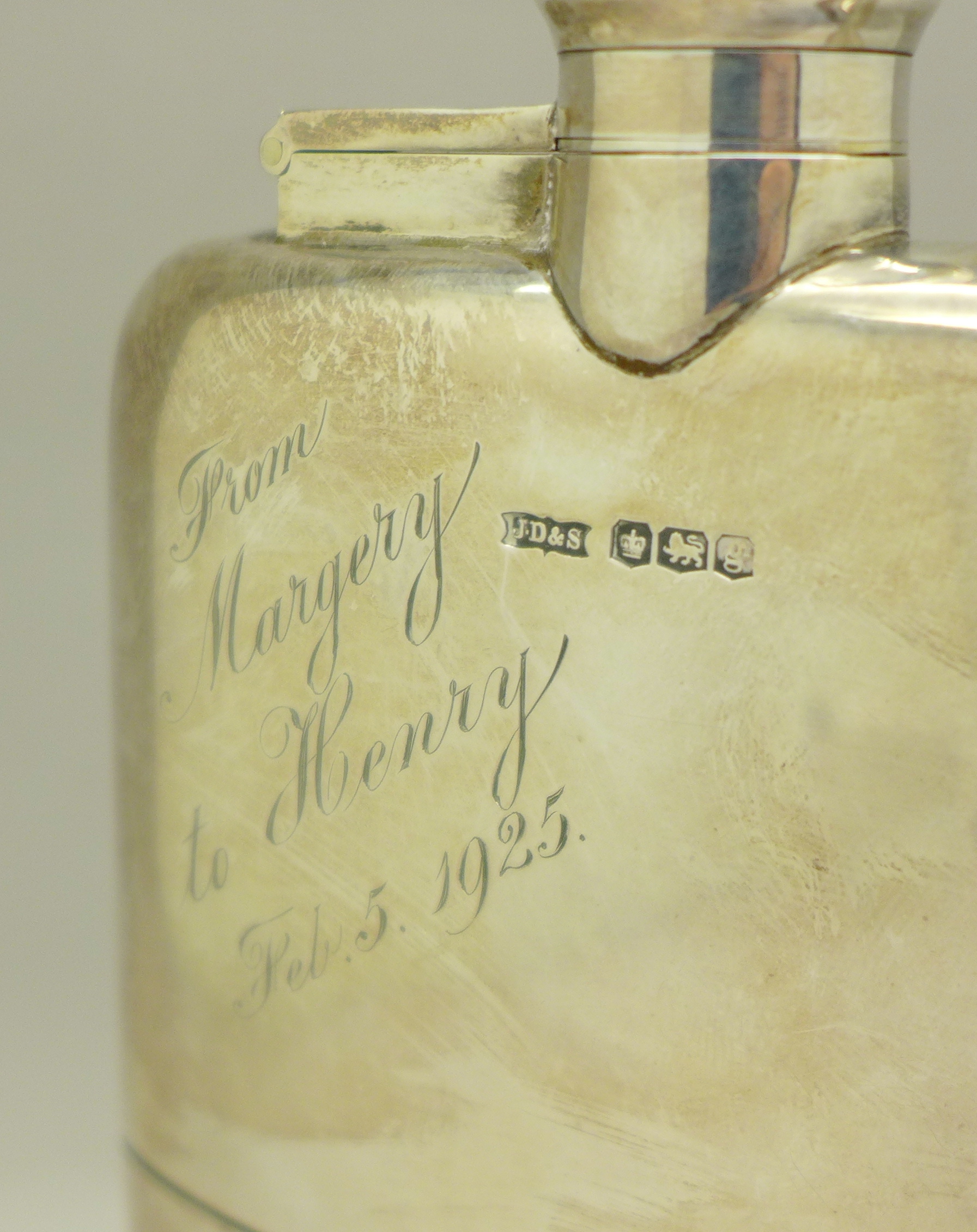 A silver hip flask, with inscription dated 1925, 295g, - Image 2 of 4