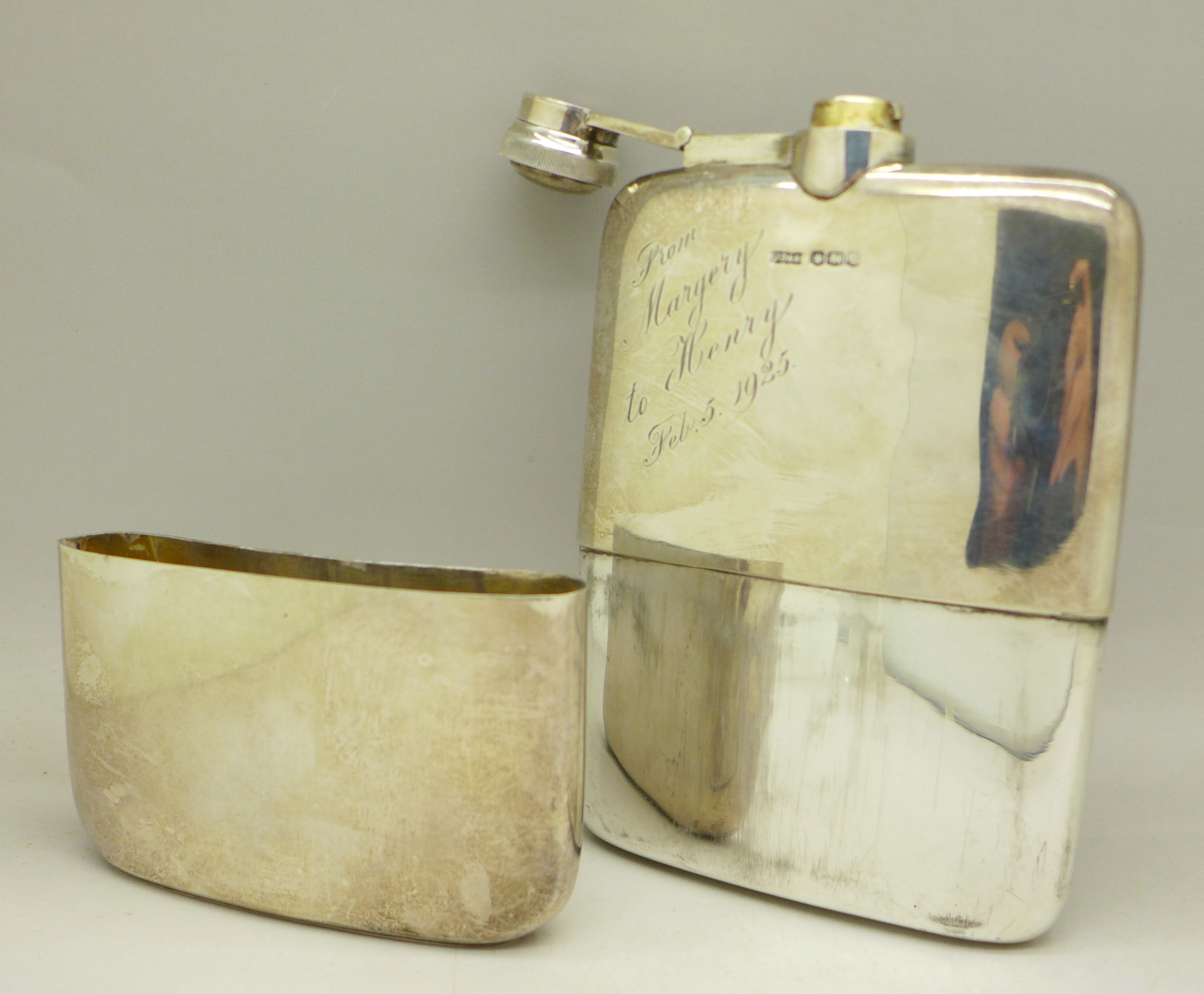A silver hip flask, with inscription dated 1925, 295g, - Image 3 of 4