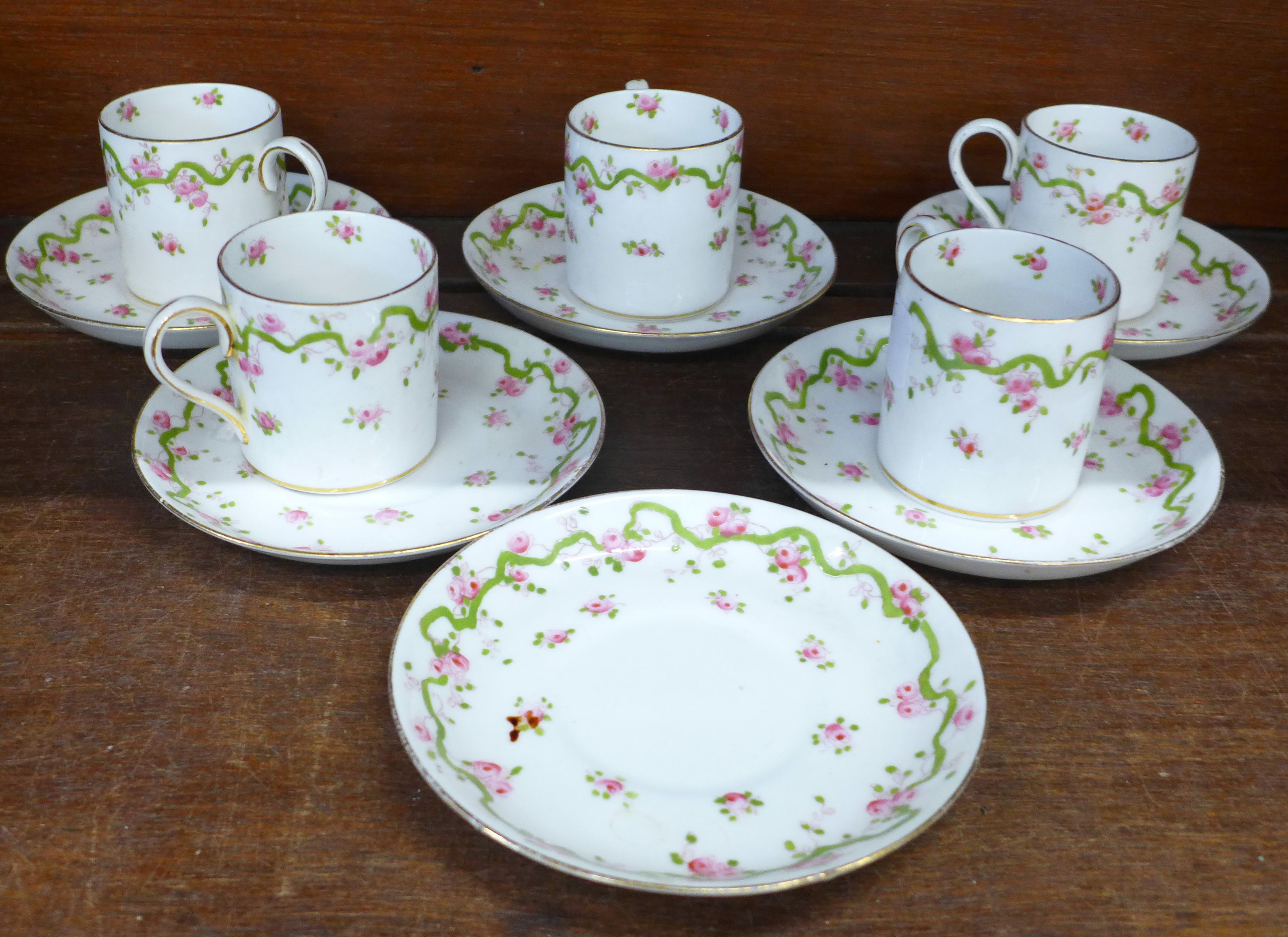 Five Crown Staffordshire coffee cans and six saucers