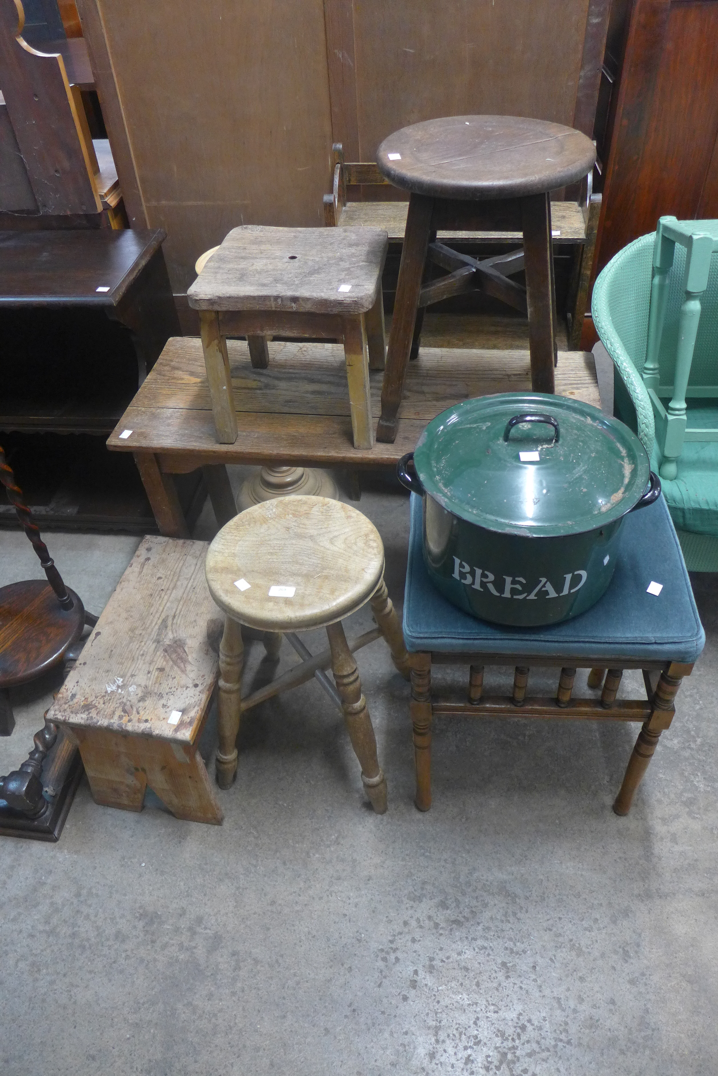 Five stools, bread bin, etc.